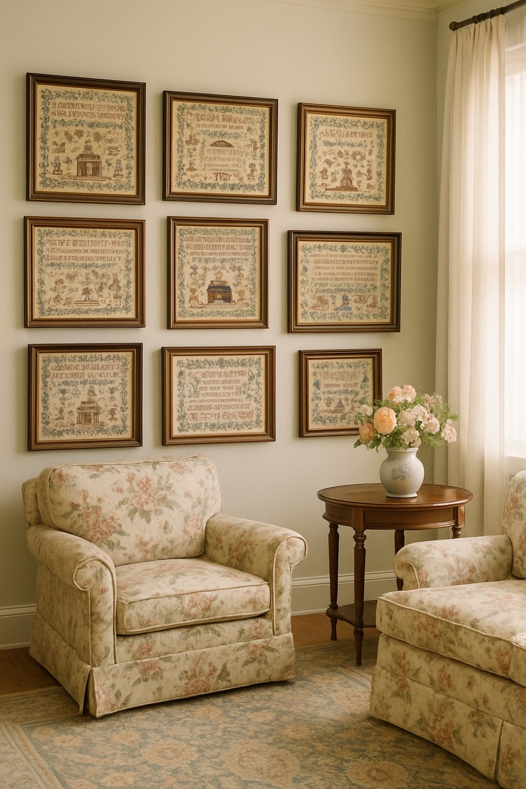 Living room with embroidered samplers in wooden frames displayed on the wall above floral armchairs and a wooden side table with flowers.