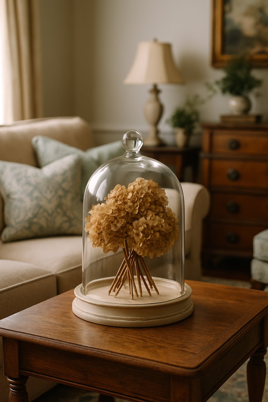 A glass cloche covering dried hydrangea bouquets on a table in a comfortable living room.