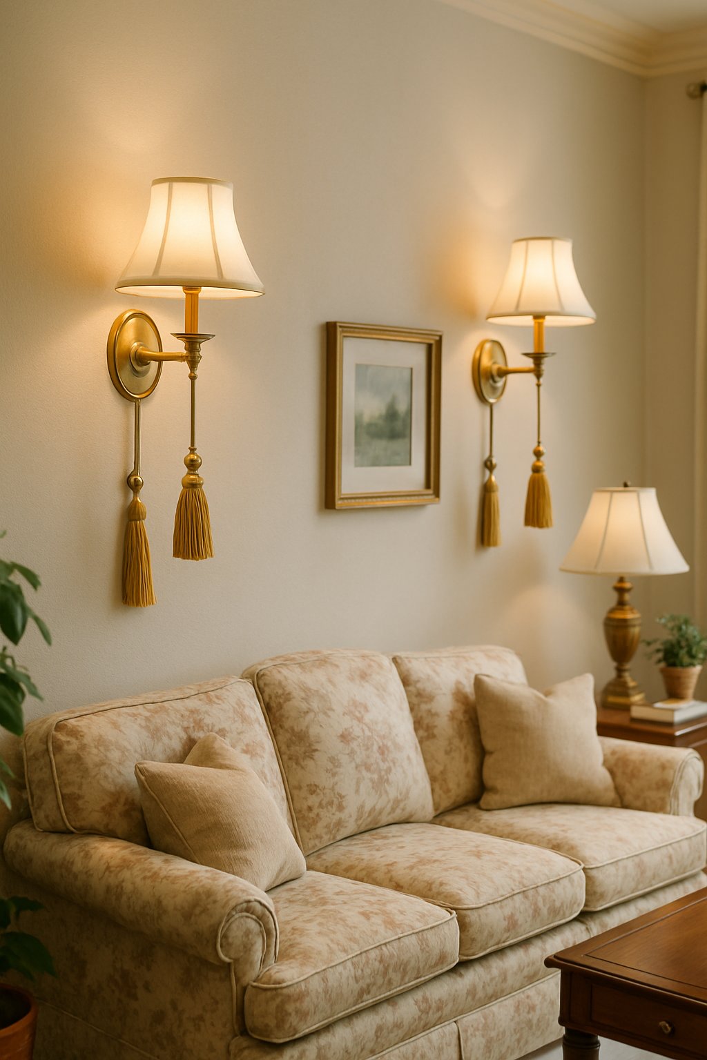 Living room with two wall sconces featuring tassel pulls on the wall above a floral upholstered sofa and wooden side table.