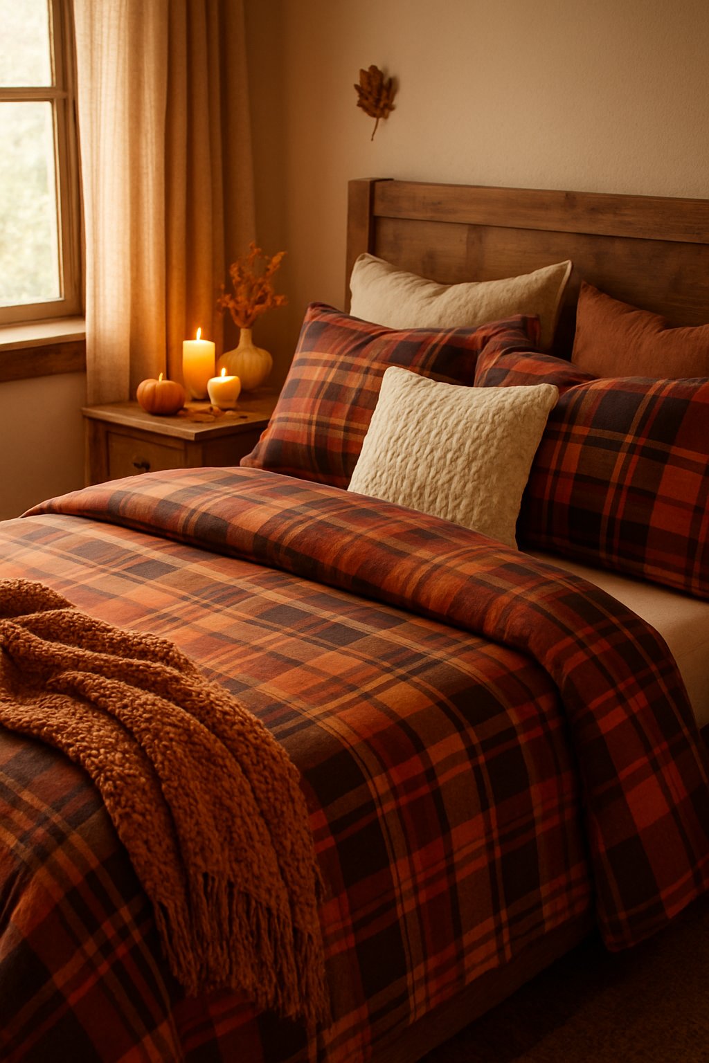 A bedroom with a bed covered in plaid flannel sheets and pillows, surrounded by autumn decorations and soft natural light.