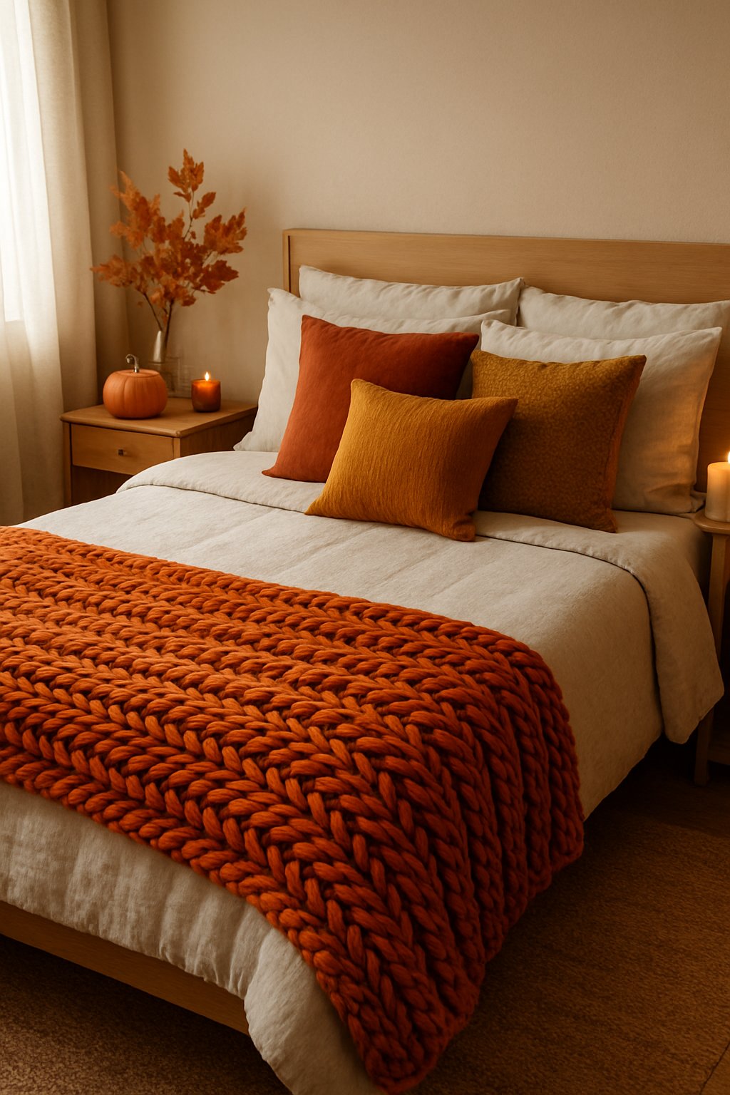 A cozy bedroom with a bed featuring a chunky burnt orange knit throw blanket and autumn decorations.