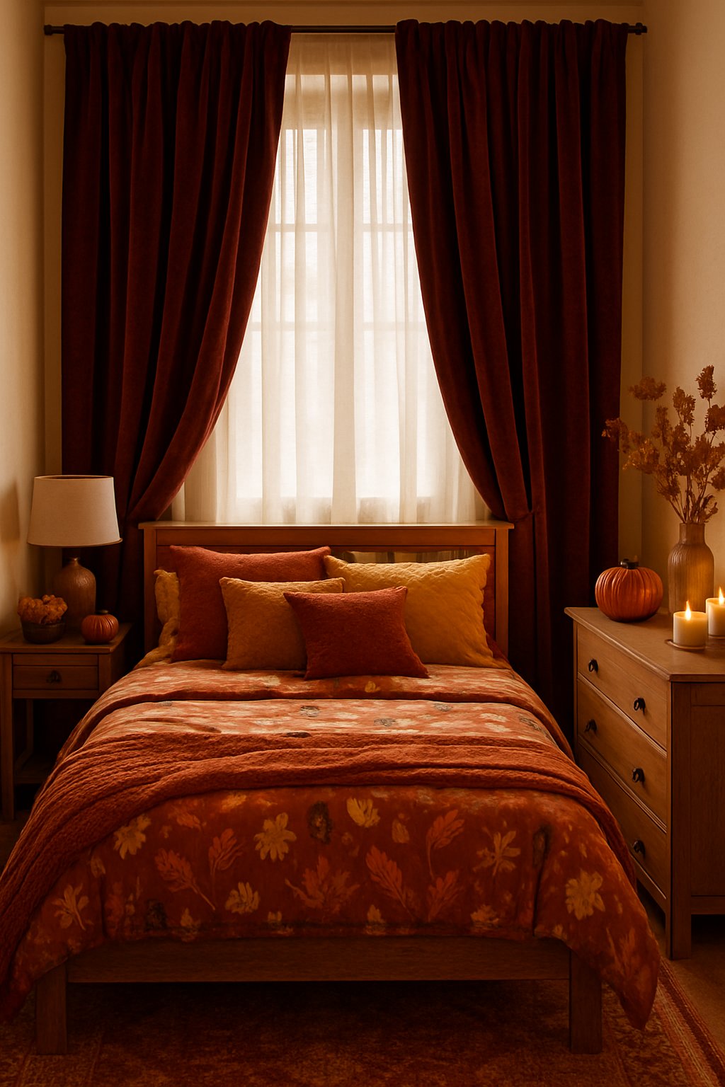 A bedroom with deep burgundy velvet curtains, warm autumn bedding, wooden furniture, and fall-themed decorations.