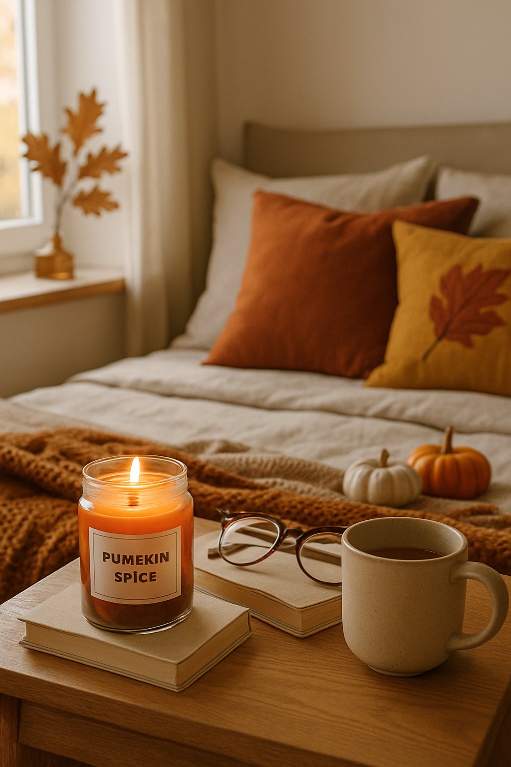 A nightstand with a lit pumpkin spice scented candle next to a bed decorated with autumn-colored pillows and fall decorations.