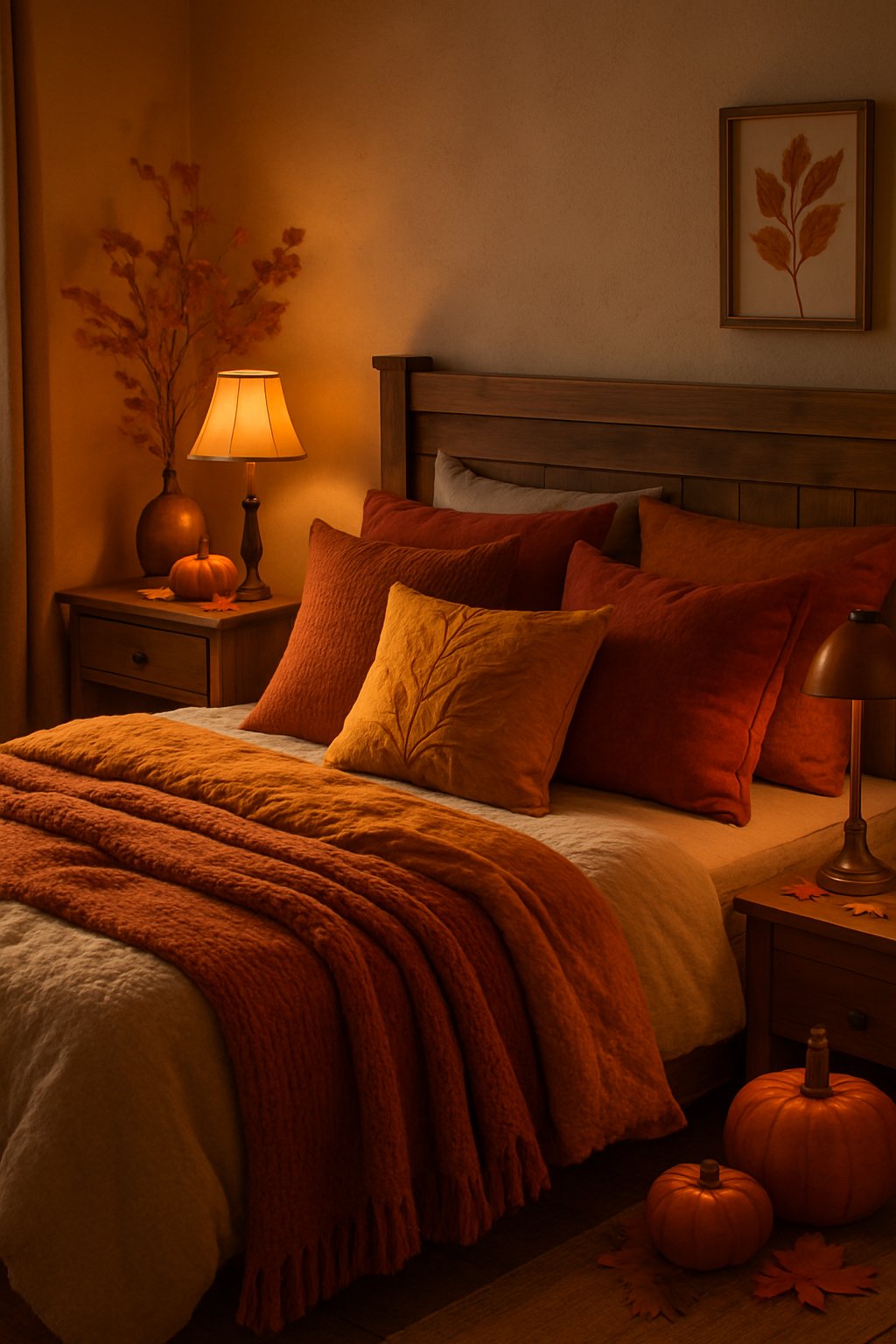 A bedroom with brass and copper lamps glowing warmly, decorated with autumn-colored bedding and natural fall elements.