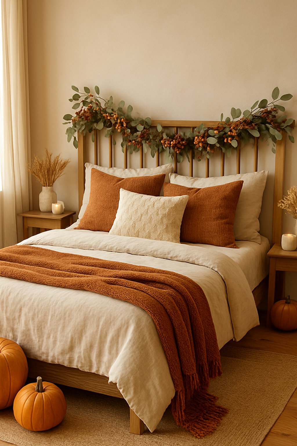 A cozy bedroom decorated with a garland of dried eucalyptus and berries on the bed's headboard, surrounded by autumn-themed decor.