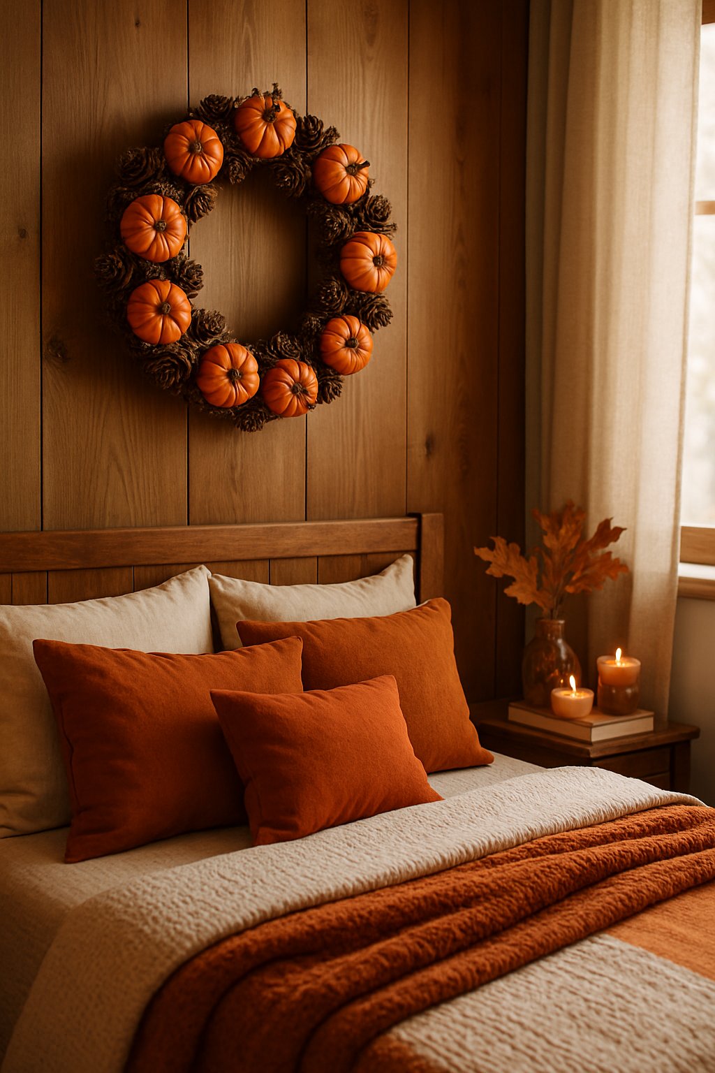 A fall bedroom with a wreath made of mini pumpkins and pinecones hanging on the wall above the bed.