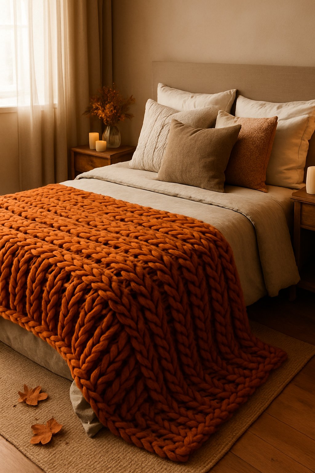 A cozy bedroom with a bed featuring a chunky burnt orange knit throw blanket and warm autumn decorations.