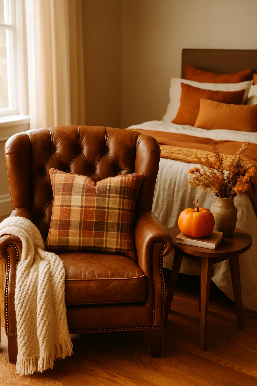 A bedroom with a vintage leather armchair holding a plaid pillow next to a window, surrounded by autumn decorations and a bed with layered blankets.