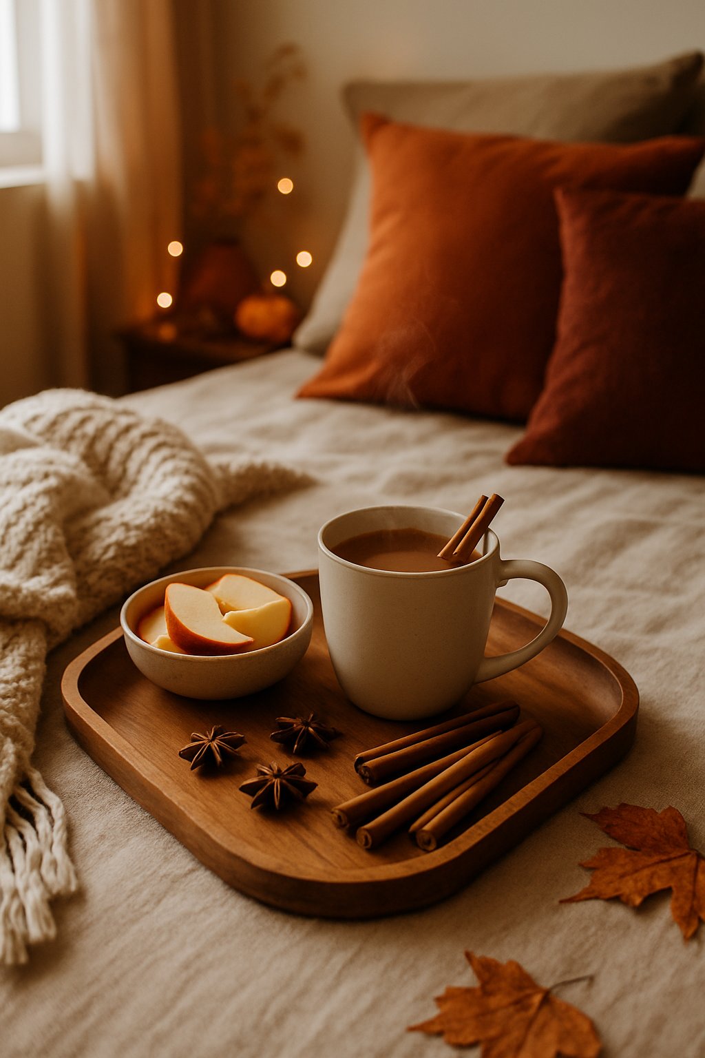 A small wooden tray on a bed holding a steaming mug of apple cider with cinnamon sticks, apple slices, and fall decorations around it.