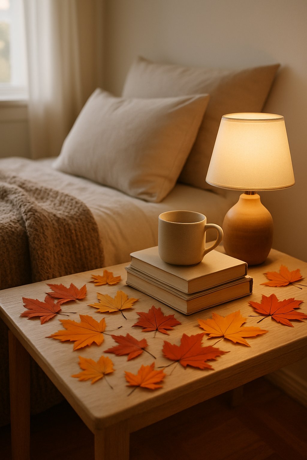 A bedside table with scattered artificial fall leaves, a lamp, books, and a mug next to a made bed in a softly lit bedroom.