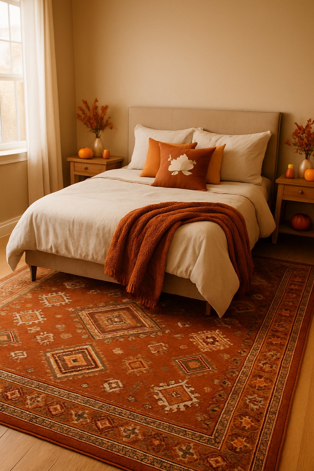 A bedroom with a rust-colored geometric patterned rug on the floor, a neatly made bed, and fall decorations like pumpkins and candles.