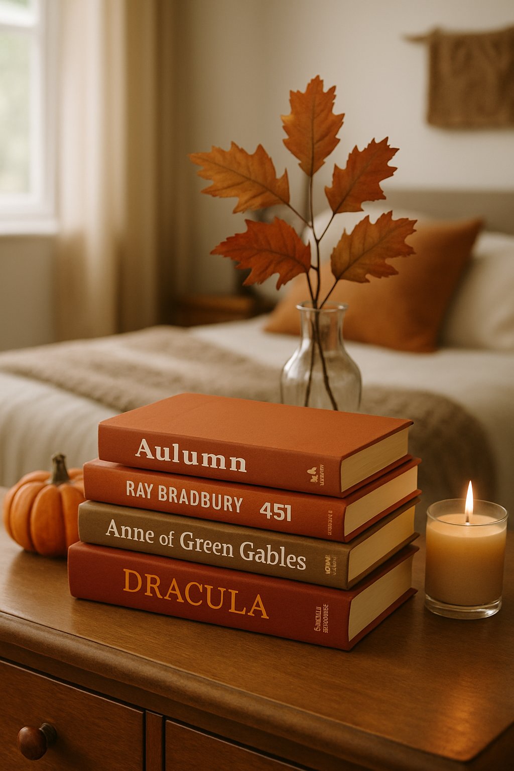 A stack of classic fall novels on a wooden dresser with autumn decorations and a cozy bedroom background.