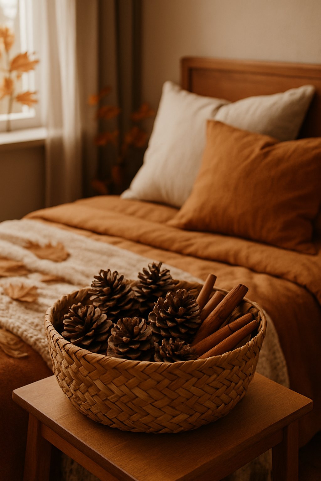 A woven basket filled with pinecones and cinnamon sticks on a wooden bedside table in a cozy fall bedroom.