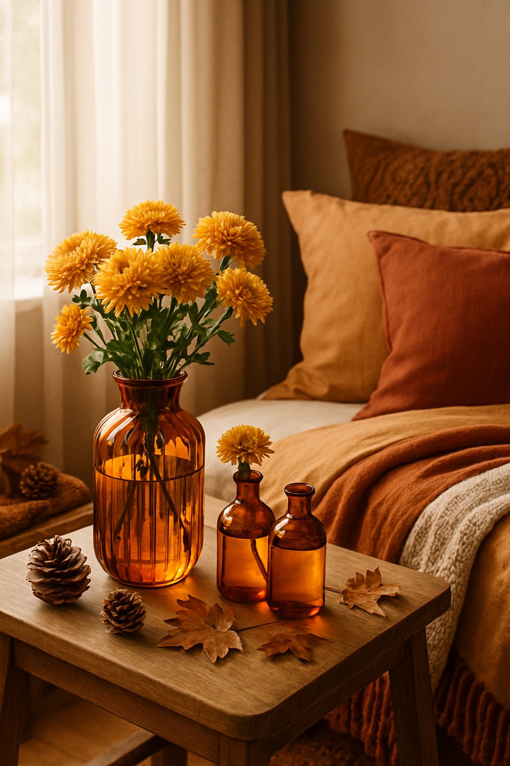 A bedroom with amber glass vases holding fresh chrysanthemums on a bedside table next to a bed with warm-colored bedding.