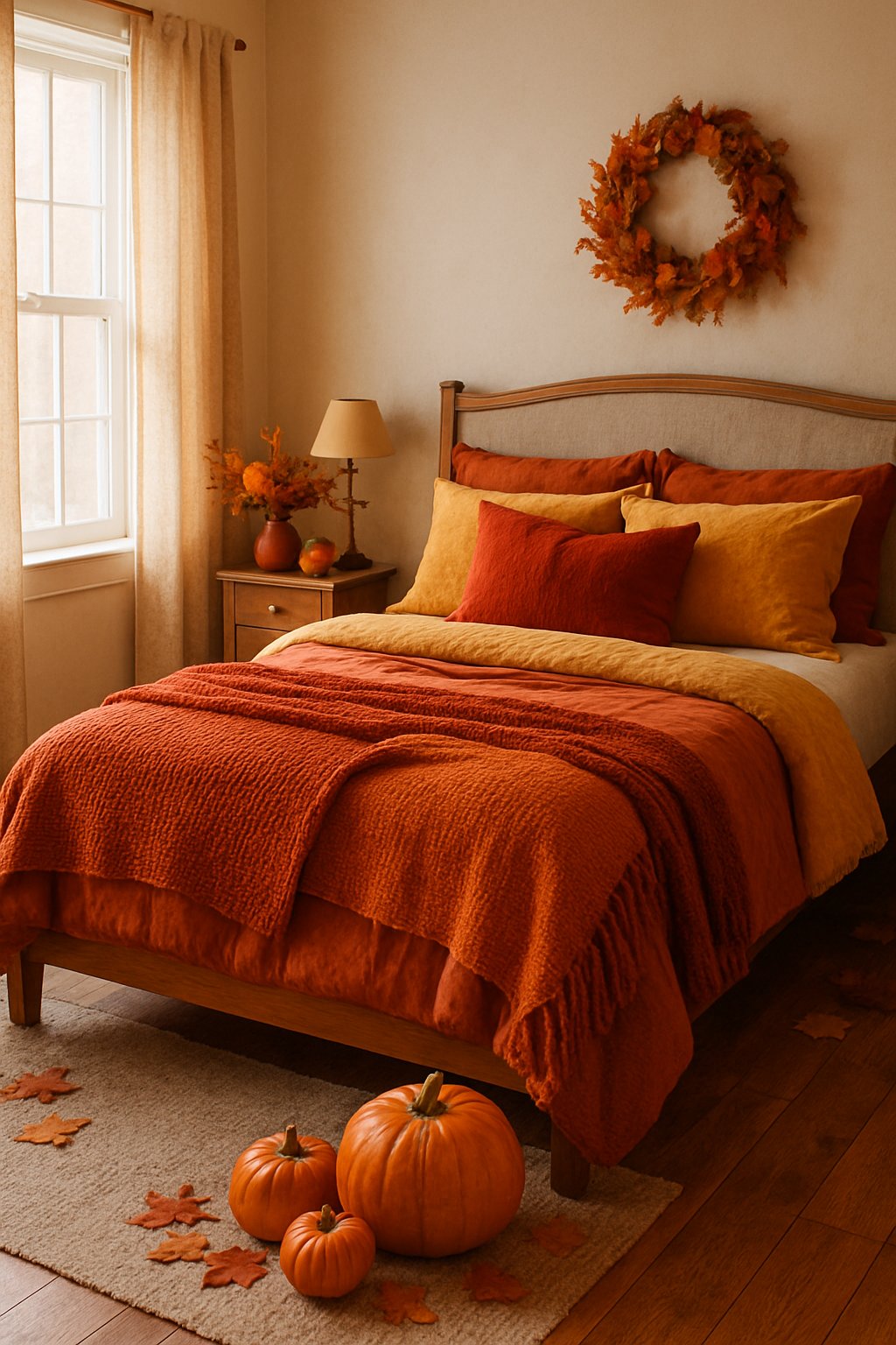 A cozy bedroom decorated with fall colors, featuring a made bed, natural light, and autumn-themed decorations.