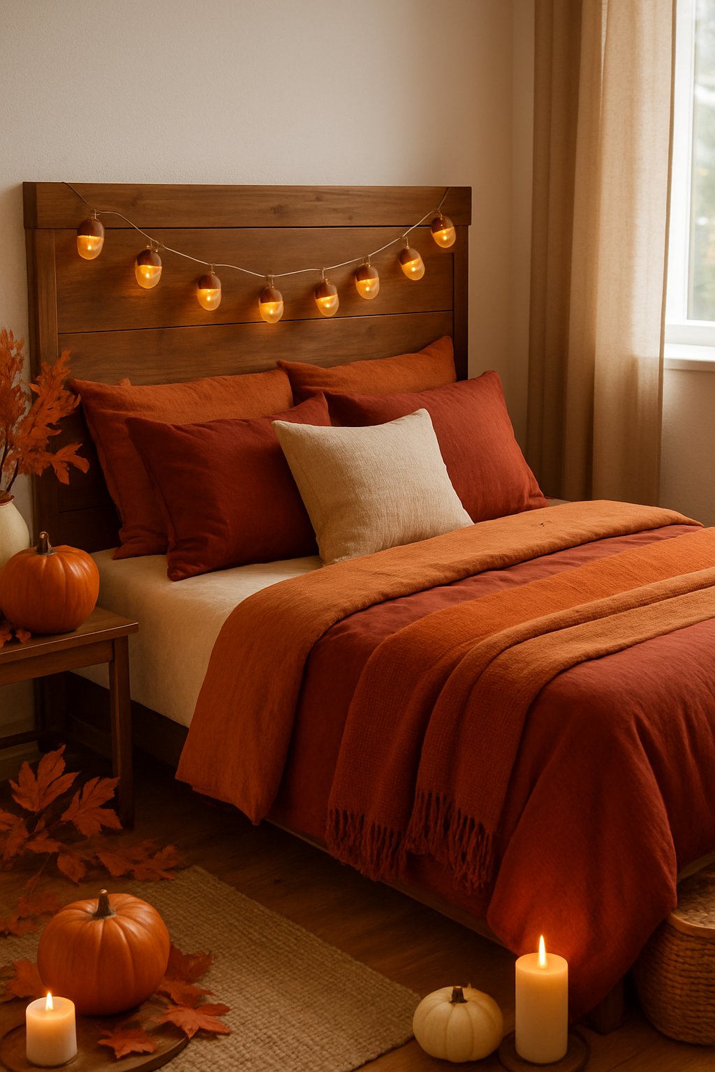 A bedroom with a wooden headboard decorated with acorn-shaped string lights and autumn-themed bedding.