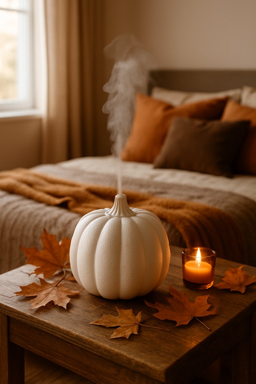 A ceramic pumpkin-shaped diffuser on a wooden bedside table in a cozy fall bedroom with autumn decorations and soft natural light.