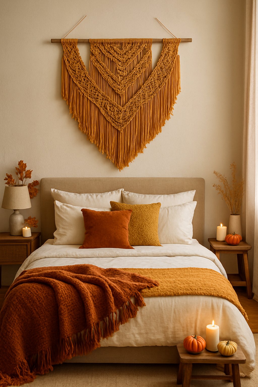 A cozy bedroom with a mustard-colored macramé wall hanging above a bed, decorated with fall-themed accents and warm lighting.