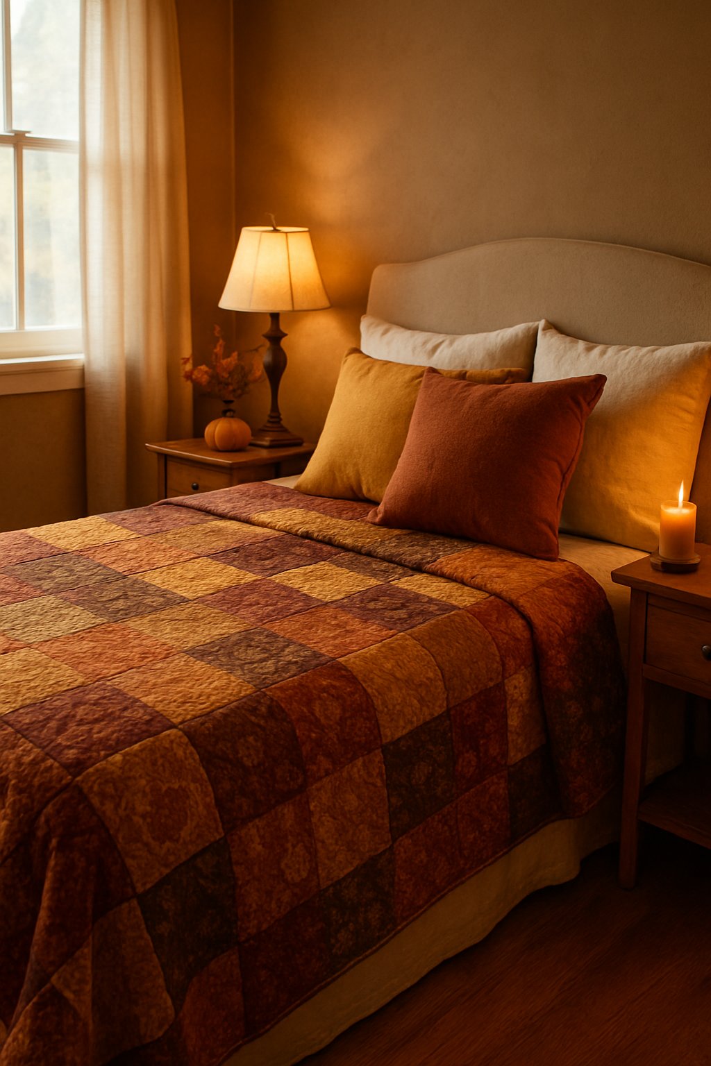 A bedroom with a bed covered by a patchwork quilt in gold, red, and brown shades, with fall-themed decorations around.