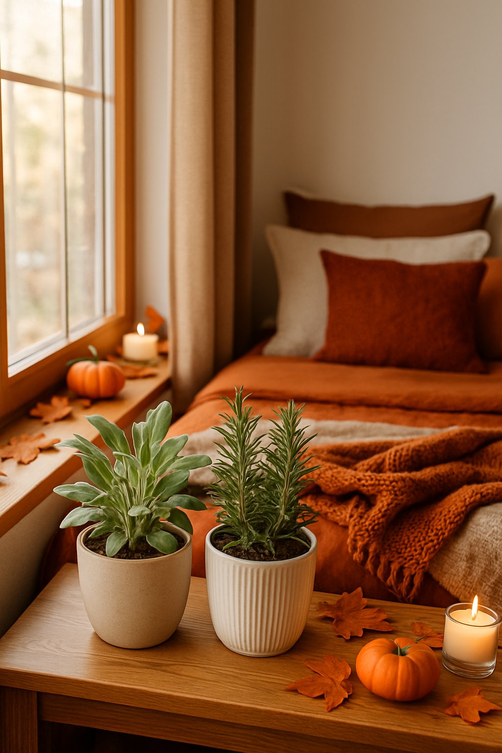 A cozy bedroom with a small indoor herb garden of sage and rosemary on a windowsill, decorated with fall-themed accents.