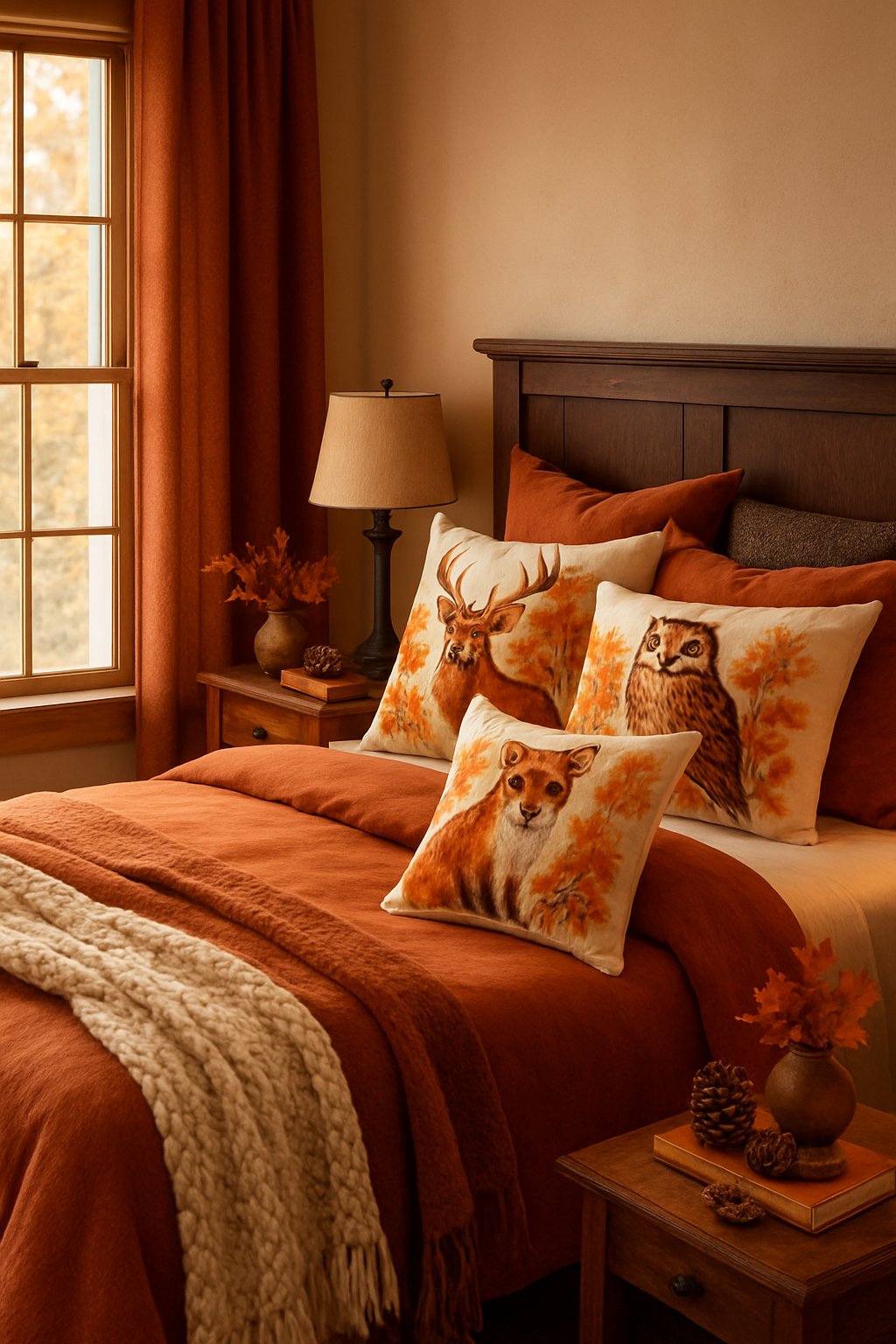A bedroom with a bed decorated with throw pillows featuring woodland animals, warm fall colors, and autumnal decor.