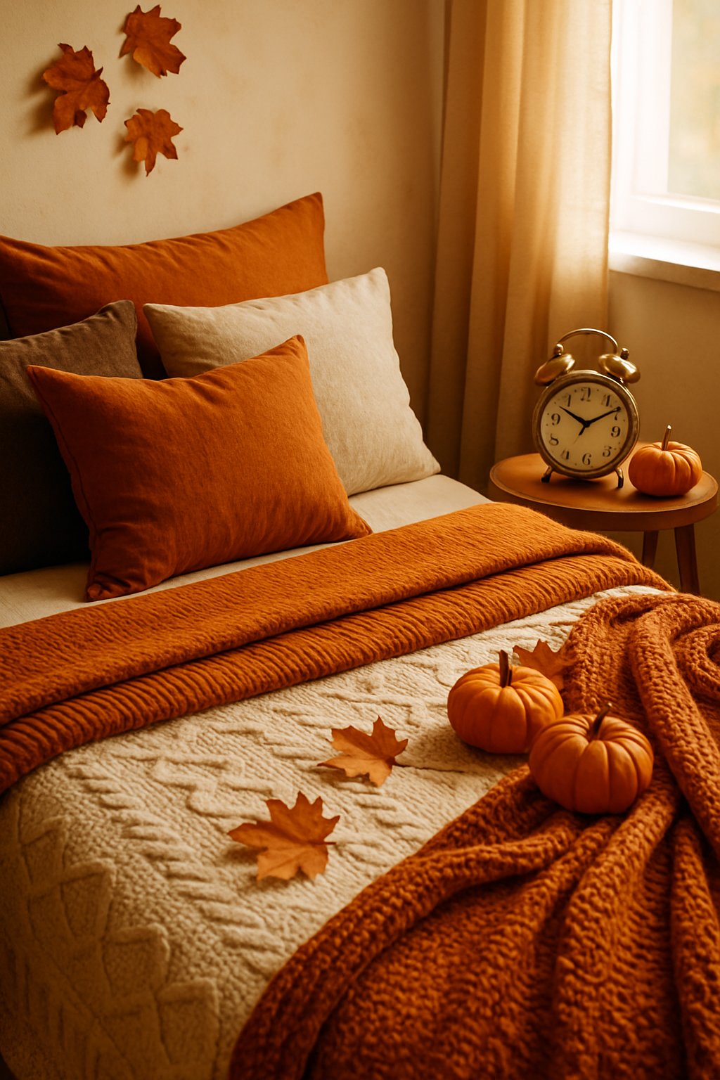 A cozy bedroom with fall decorations and a vintage brass alarm clock on a bedside table.