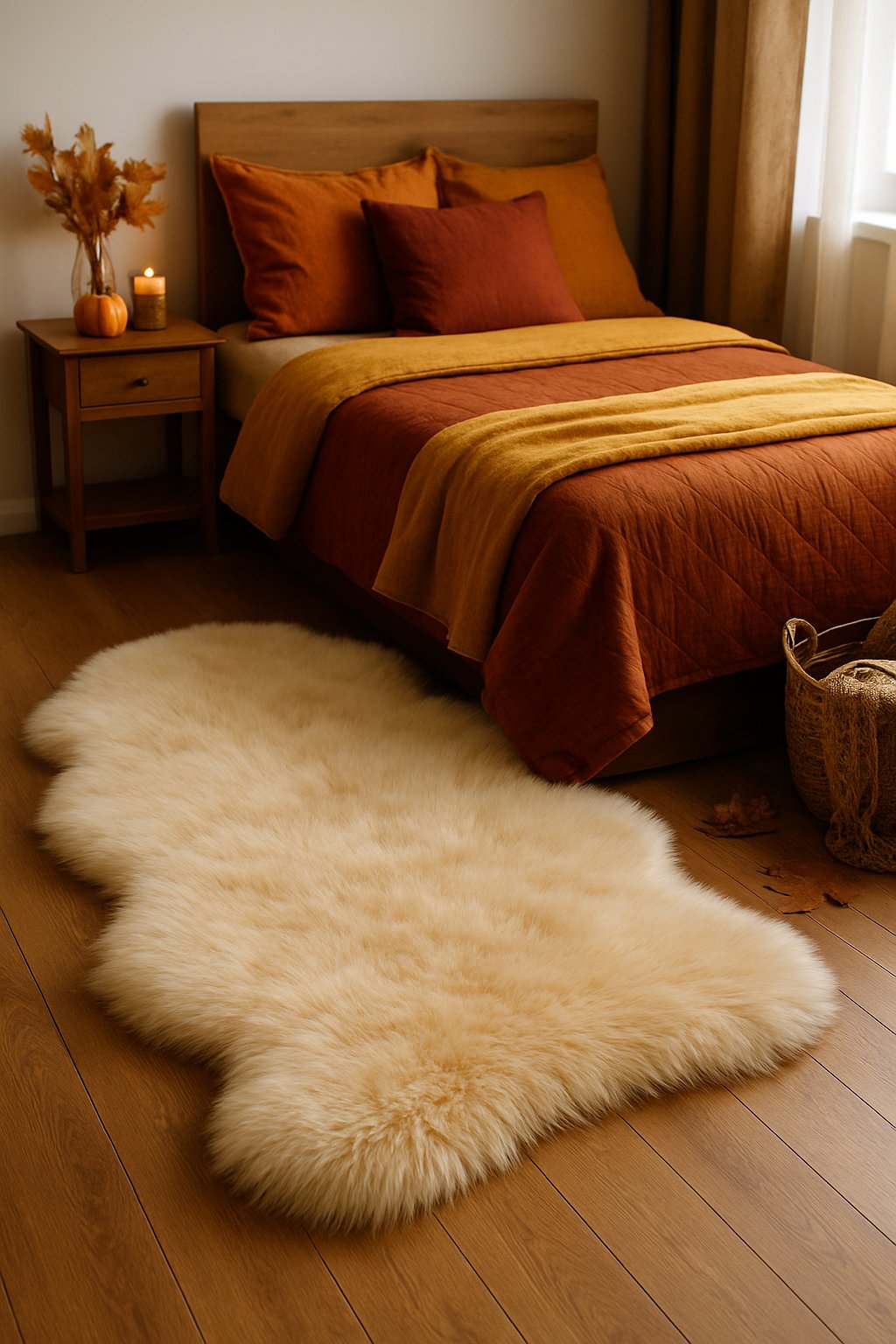 A bedroom with a bed and a soft faux fur rug at the foot of the bed, decorated with fall-themed bedding and warm natural light.