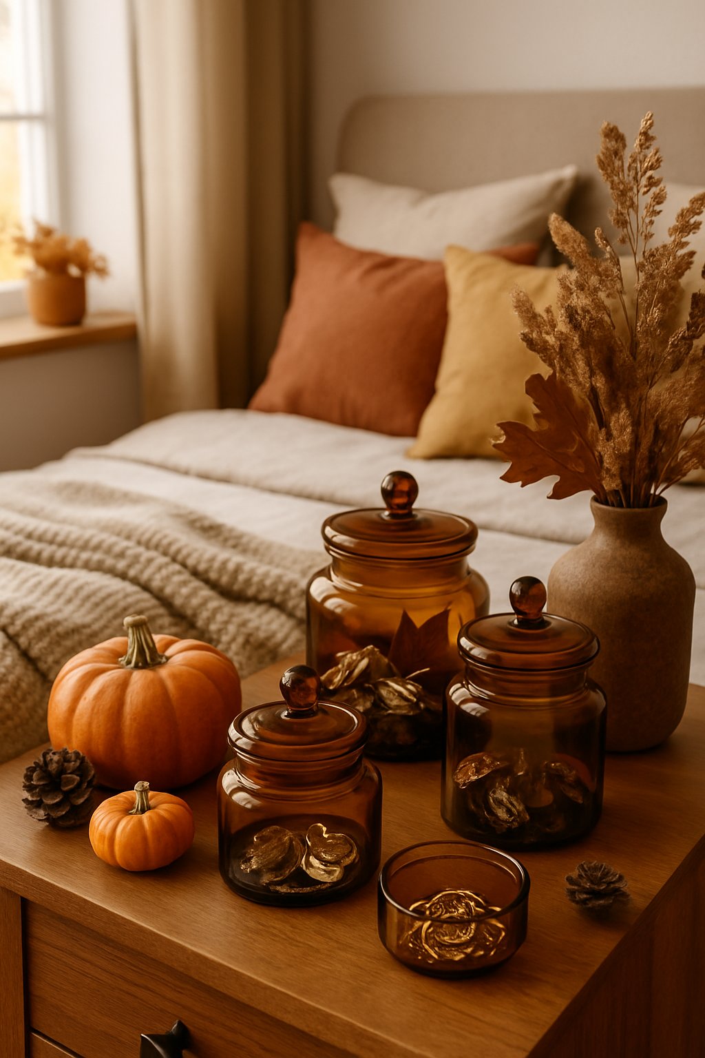 A bedroom bedside table with amber-tinted glass jars used for storage, surrounded by fall decorations and warm bedding.
