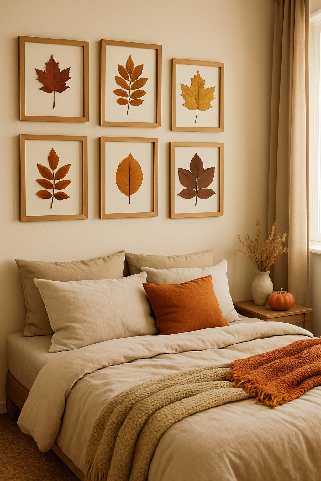 A bedroom with wooden framed pressed autumn leaves hanging on the wall above a bed with neutral bedding and fall-themed decor.