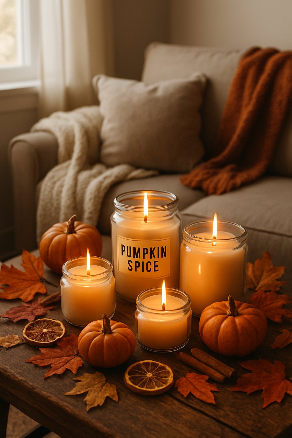 A cozy room with lit pumpkin spice candles on a wooden table surrounded by pumpkins, cinnamon sticks, dried orange slices, and colorful fall leaves.