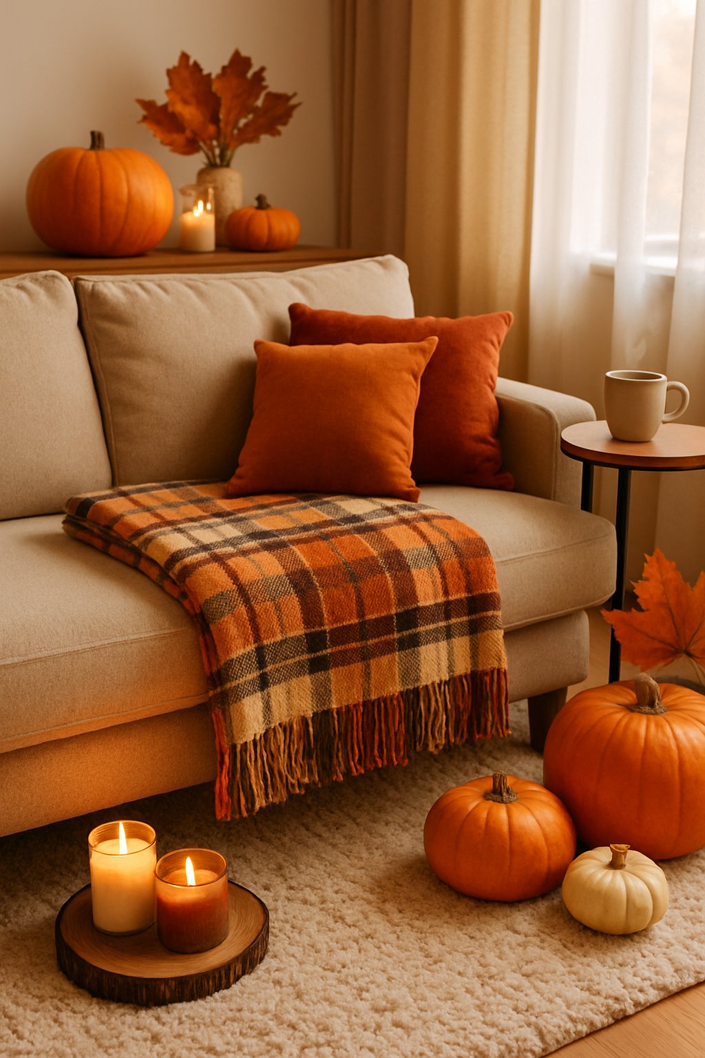 A cozy living room with a plaid throw blanket on a sofa surrounded by fall decorations like pumpkins and candles.