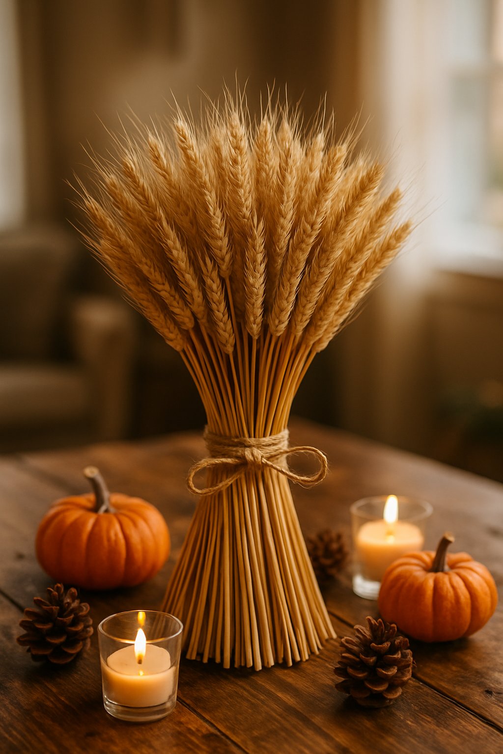 A dried wheat bundle centerpiece on a wooden table with fall decorations including small pumpkins and pine cones in a cozy room.