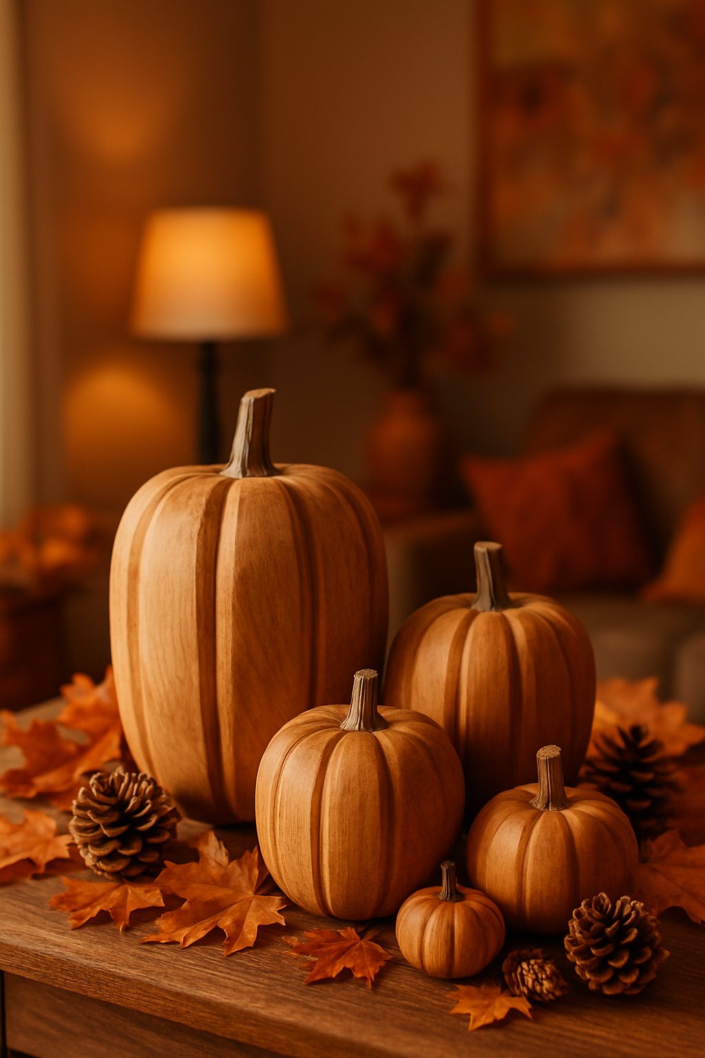 A cozy room with rustic wooden pumpkins arranged on a table surrounded by autumn leaves and pinecones.