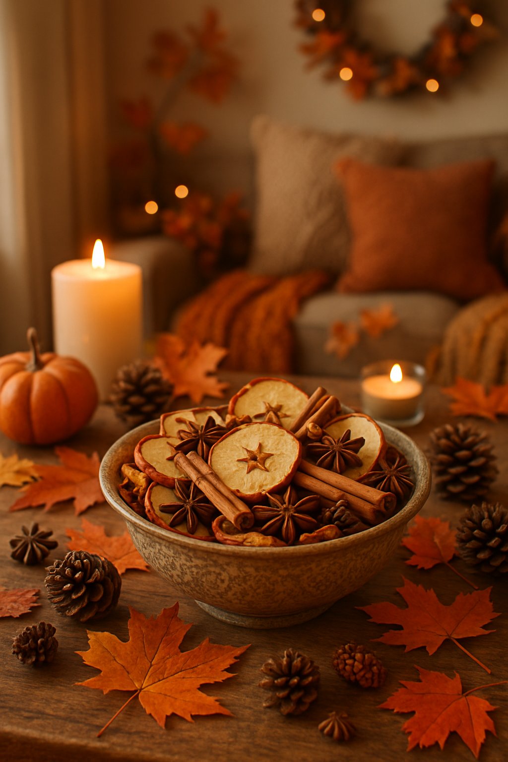 A wooden table with a bowl of apple cinnamon potpourri surrounded by pumpkins, autumn leaves, pinecones, and candles in a cozy fall room.