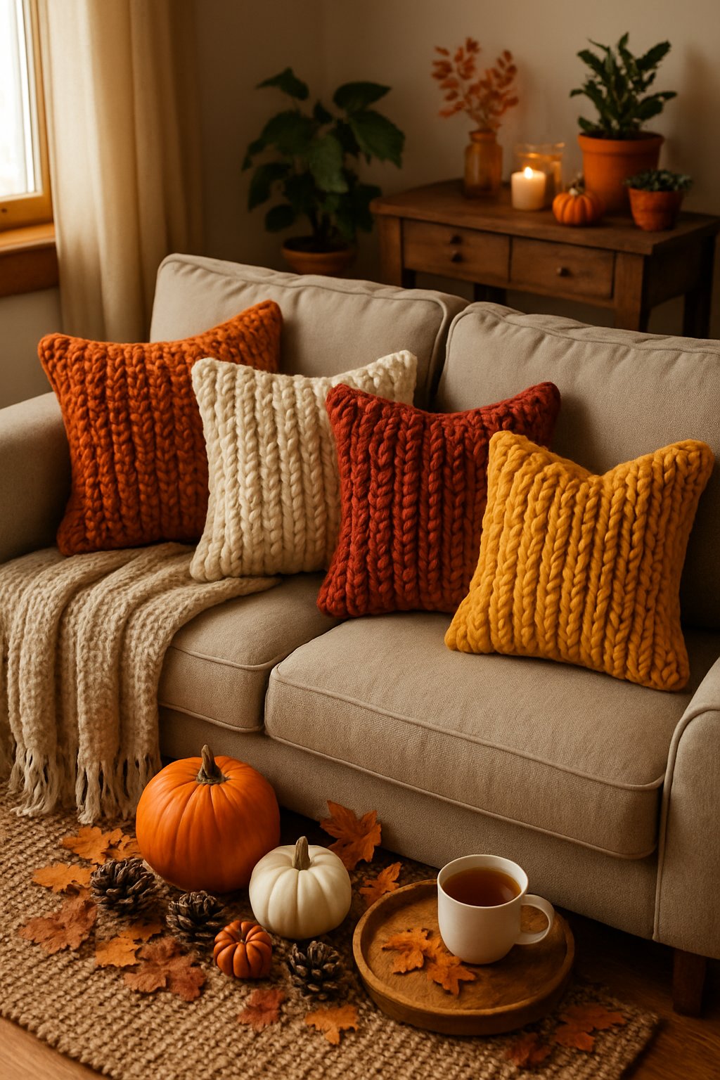A cozy living room with chunky knit pillows on a sofa surrounded by fall decorations like pumpkins, dried leaves, and candles.