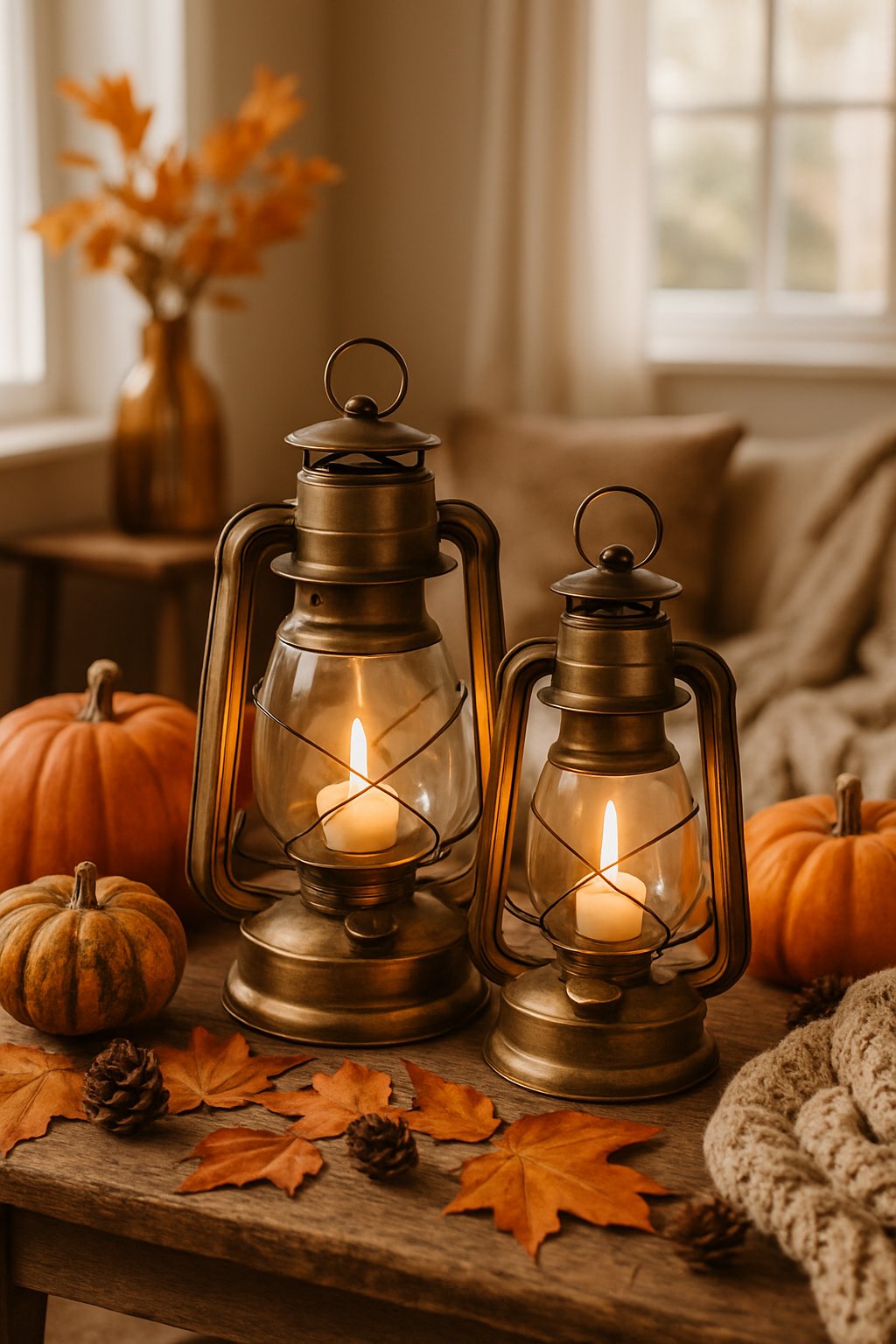 Vintage brass lanterns on a wooden table surrounded by pumpkins, dried leaves, and fall decorations in a softly lit room.