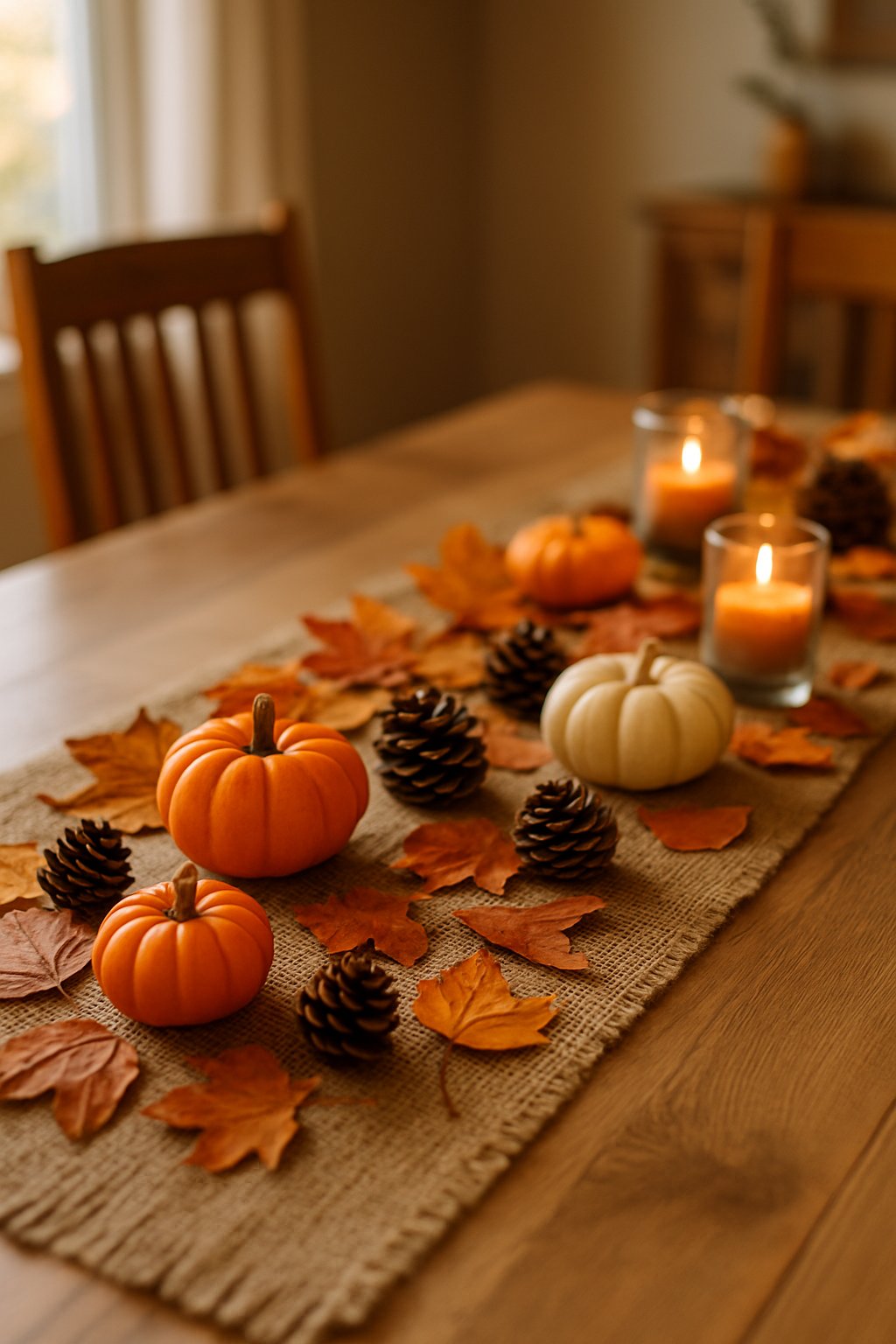 A dining table with a burlap table runner decorated with small pumpkins, pine cones, and autumn leaves in a warmly lit room.