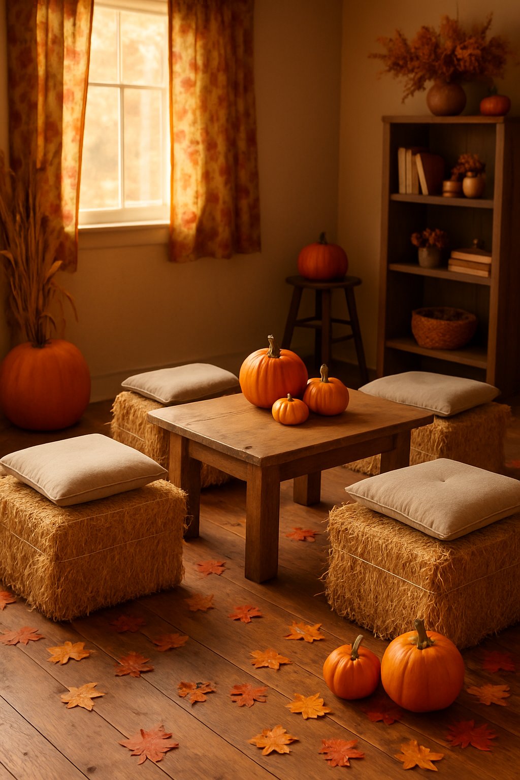 A room with mini hay bale stools, pumpkins, and fall decorations arranged around a wooden table.