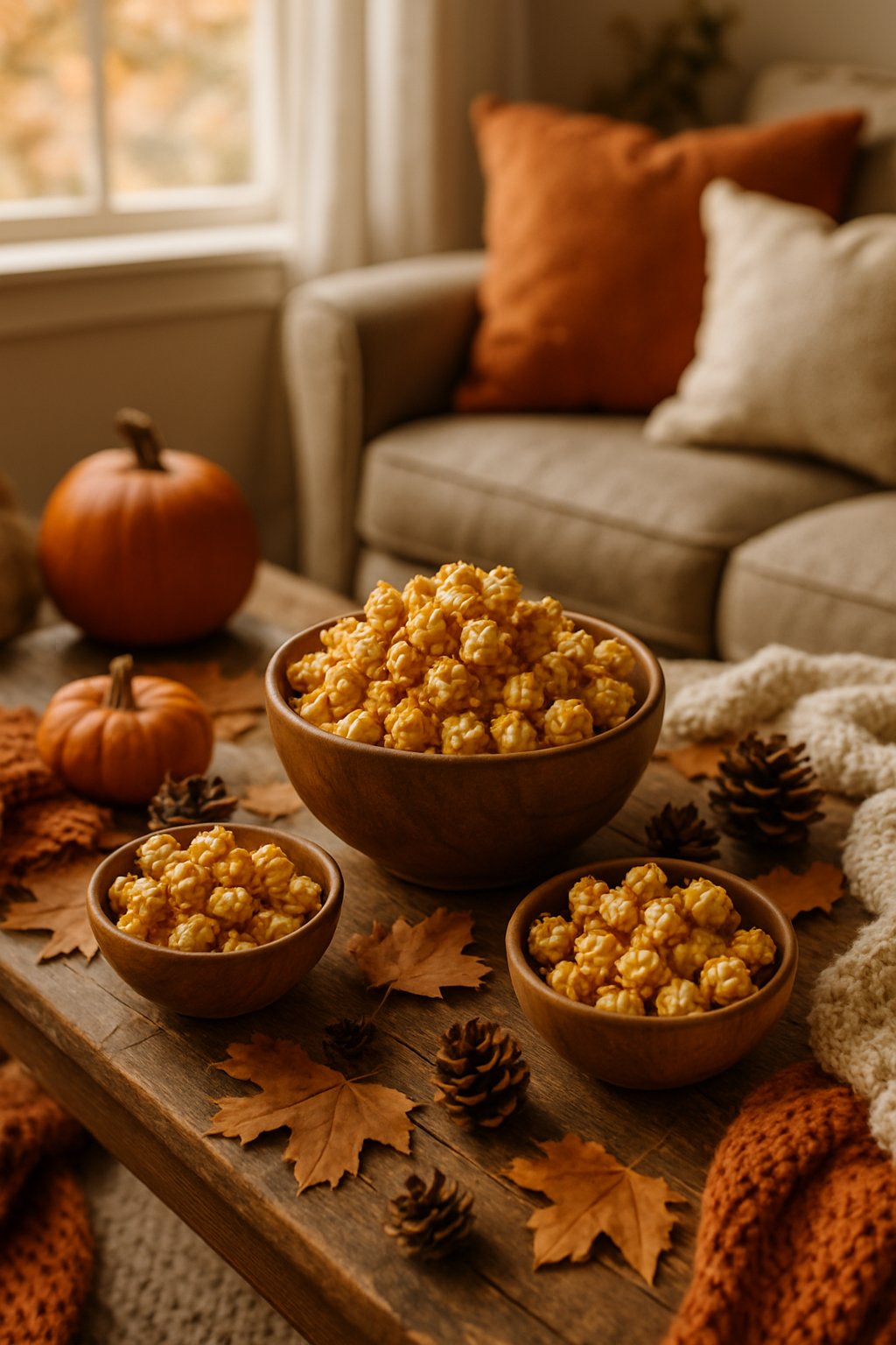 Several bowls of caramel popcorn on a wooden table surrounded by autumn decorations like pumpkins, dried leaves, and pinecones in a cozy room.