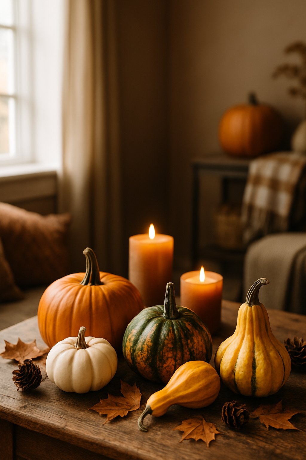 A cozy room decorated with gourds of different sizes arranged on a wooden surface with autumn leaves and candles.