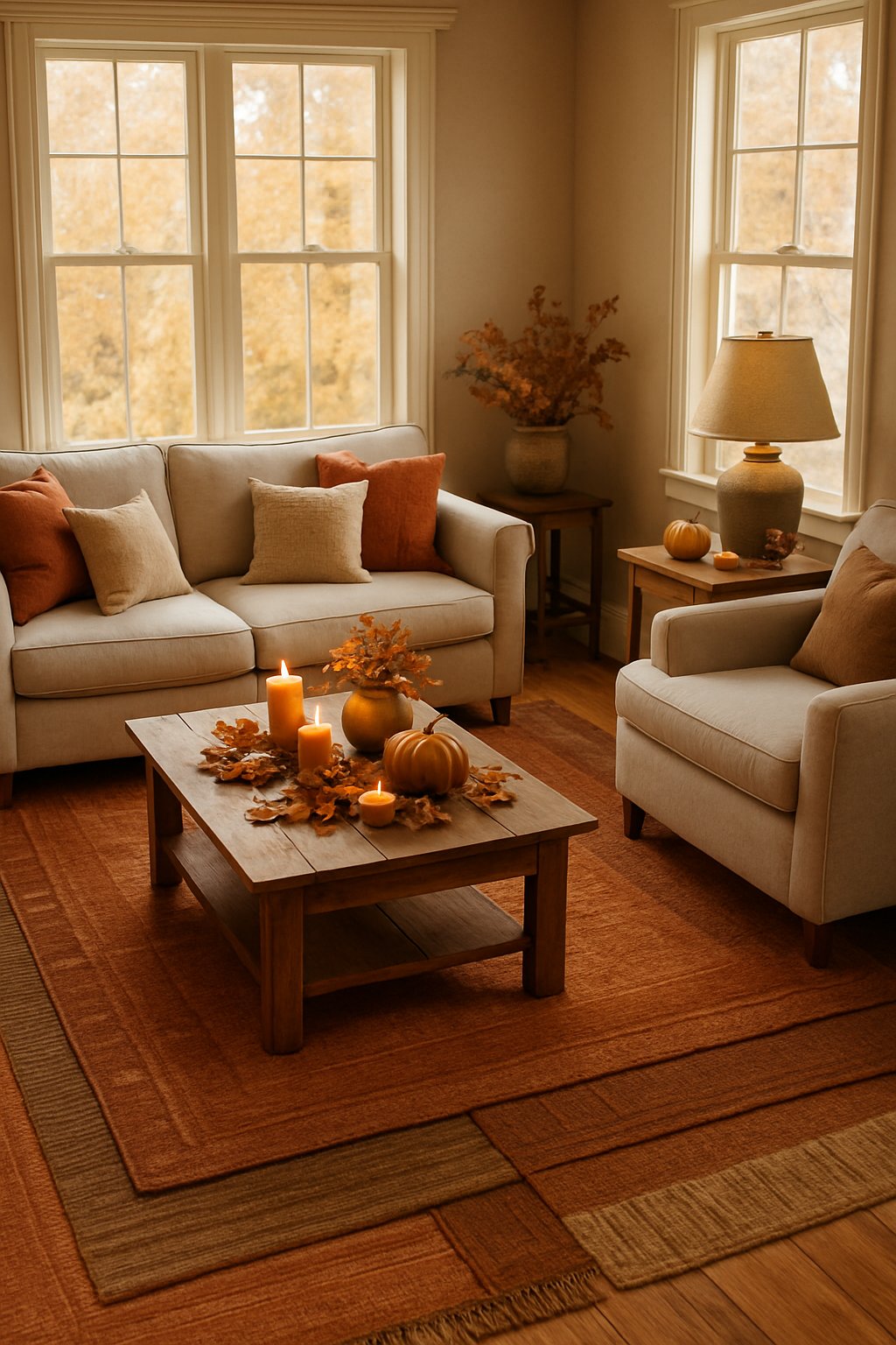 A cozy living room with wool area rugs in earth tones, autumn decorations, and natural light coming through windows.