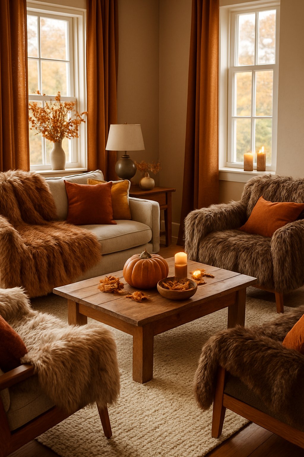 A living room with a sofa and armchairs covered in faux fur throws surrounded by fall decorations like pumpkins and candles.