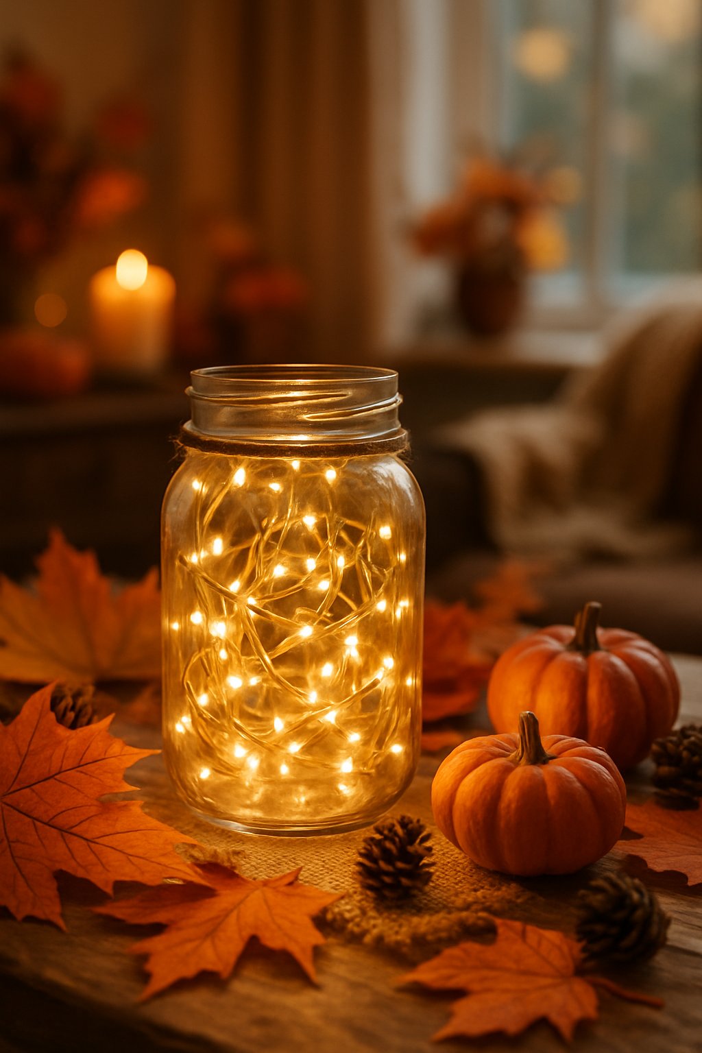 A mason jar filled with glowing fairy lights on a wooden surface surrounded by fall leaves, pumpkins, and pinecones in a cozy indoor setting.