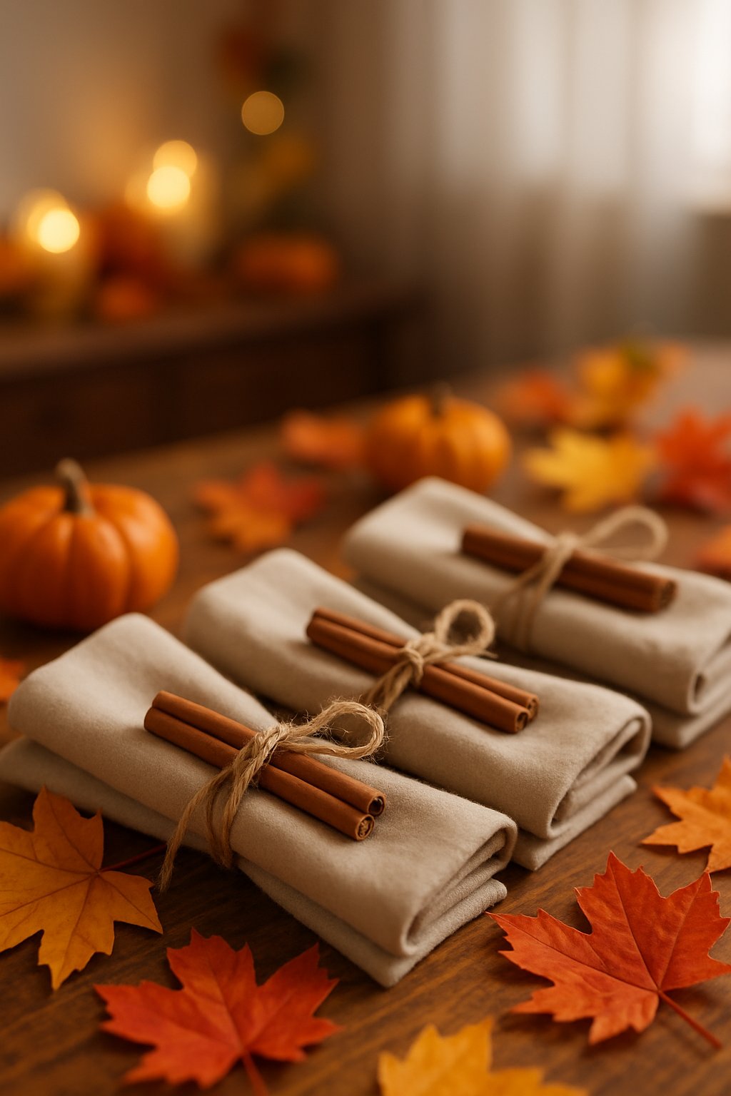 A fall table setting with beige napkins tied with cinnamon sticks on a wooden table decorated with pumpkins and colorful autumn leaves.