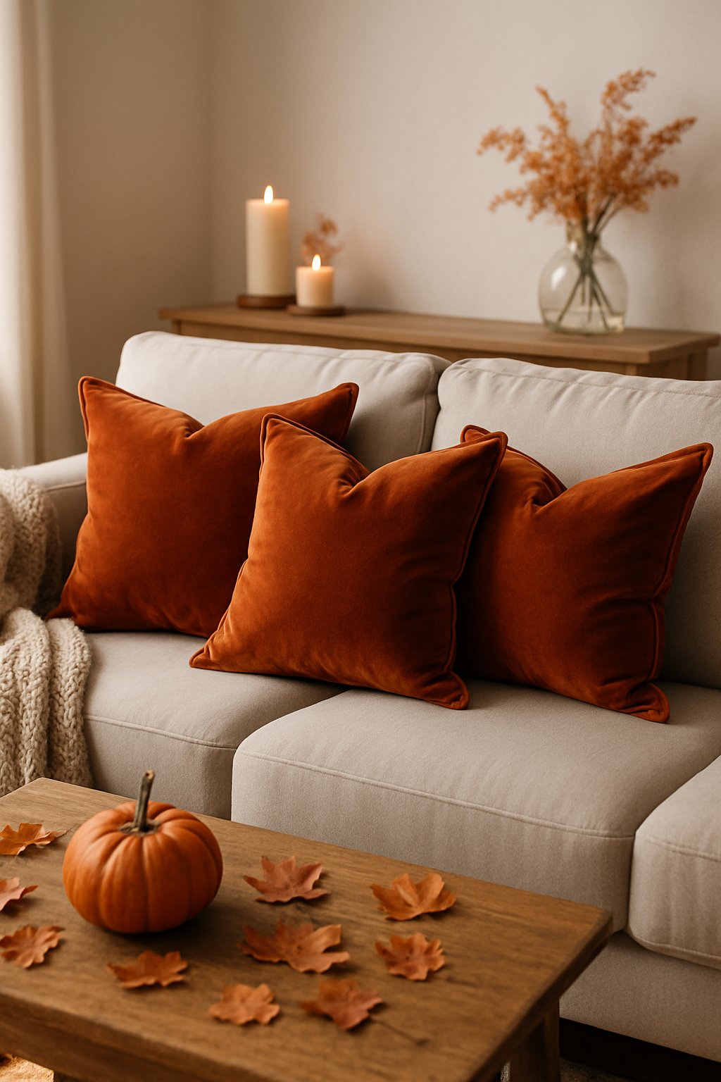 Rust-colored velvet throw pillows on a sofa surrounded by fall decorations including pumpkins, autumn leaves, and a knit blanket.