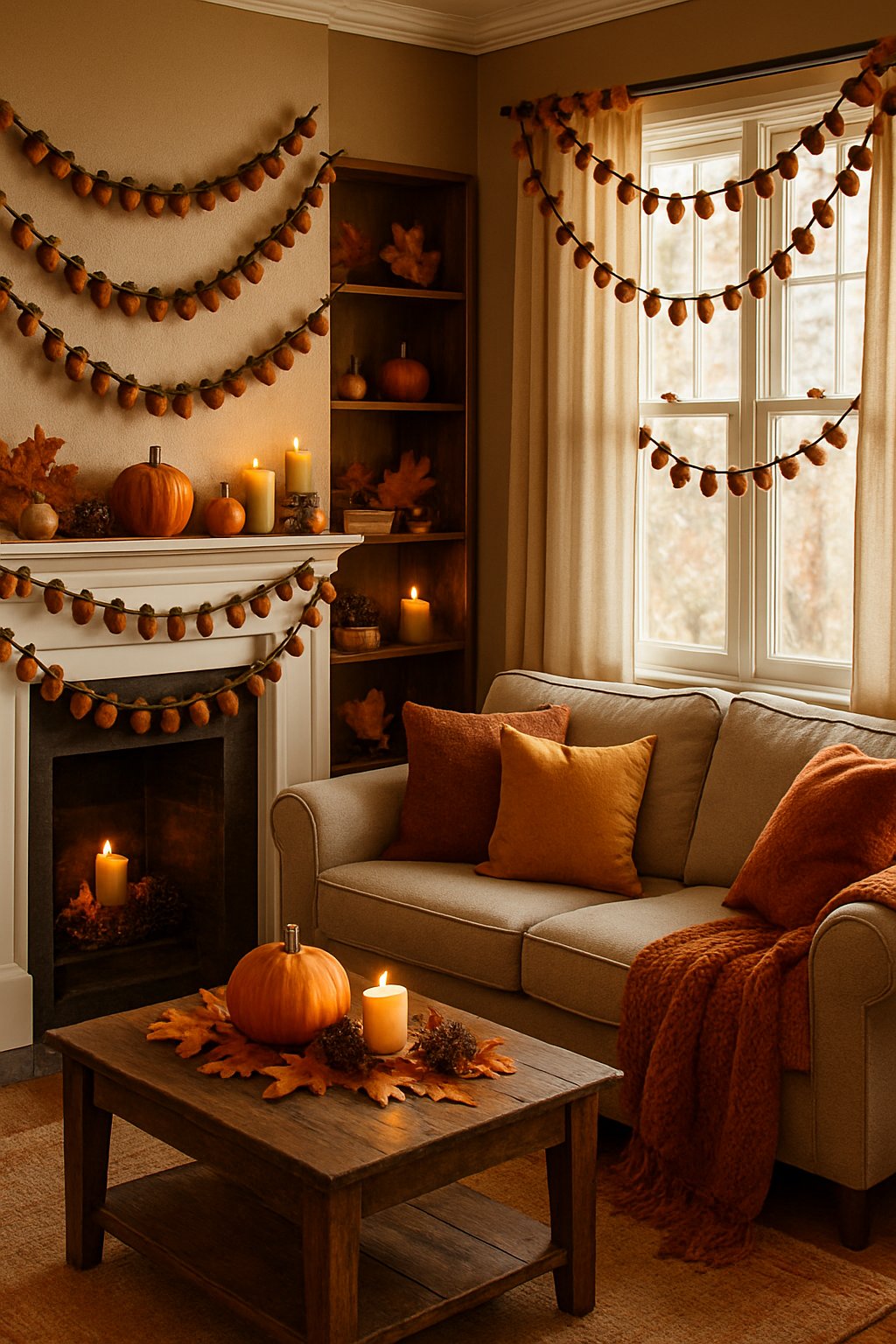 Living room decorated with acorn garlands and autumn decorations including pumpkins, dried leaves, and candles.