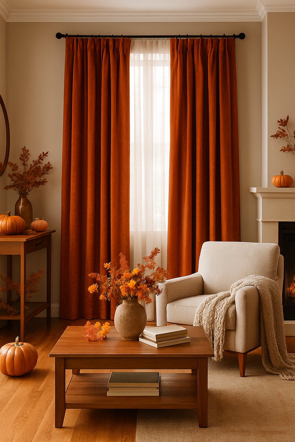 A living room with orange velvet curtains, a cozy armchair, a fireplace, and autumn-themed decorations.