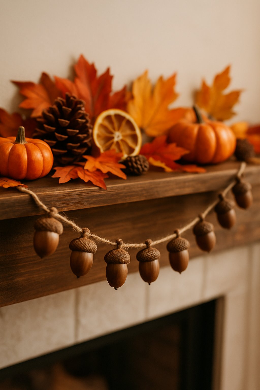 A home mantel decorated with a handmade acorn garland and autumn decorations like pumpkins, pinecones, and colorful fall leaves.