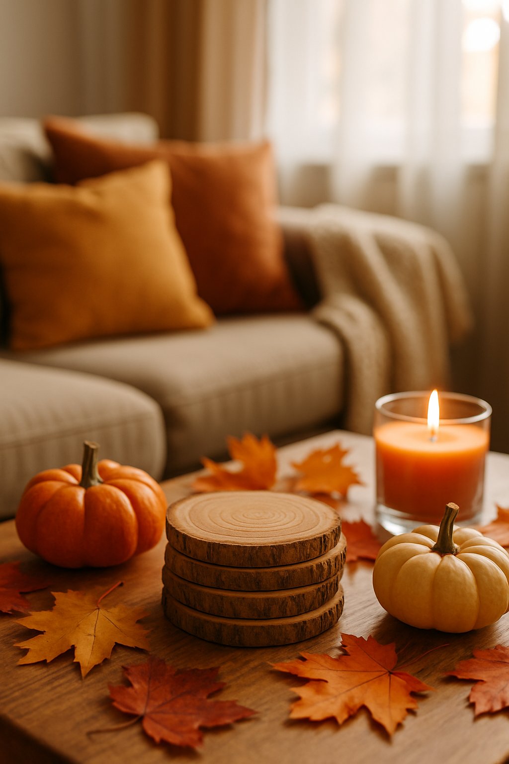 A set of cedar wood coasters on a wooden table surrounded by fall decorations including pumpkins, colorful leaves, and a candle in a cozy living room.