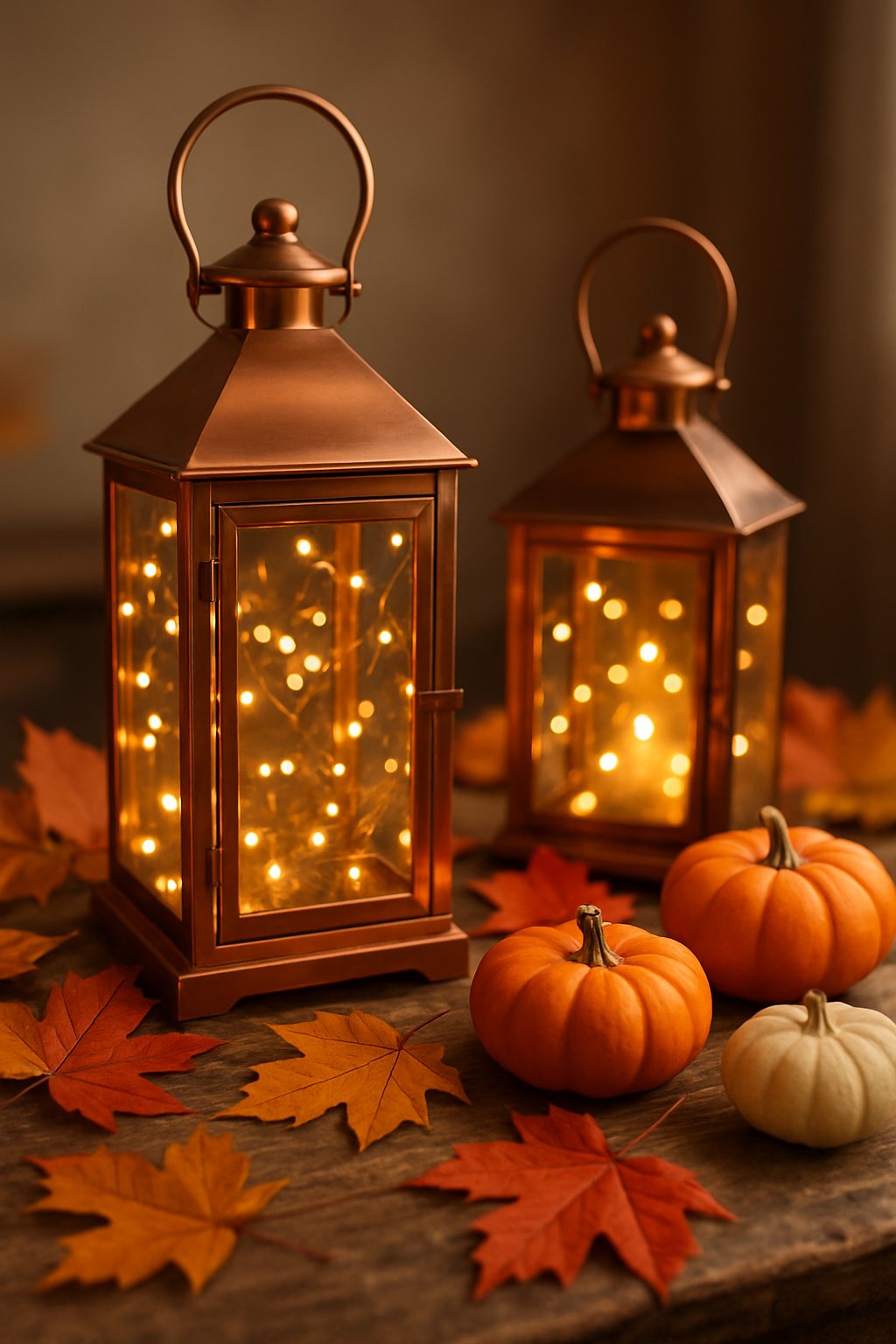 Copper lanterns with glowing fairy lights surrounded by autumn leaves and small pumpkins on a wooden surface.